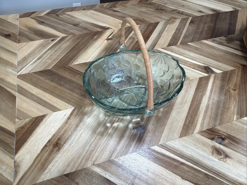 Vintage 1960s Glass Fruit Basket With Woven Handle